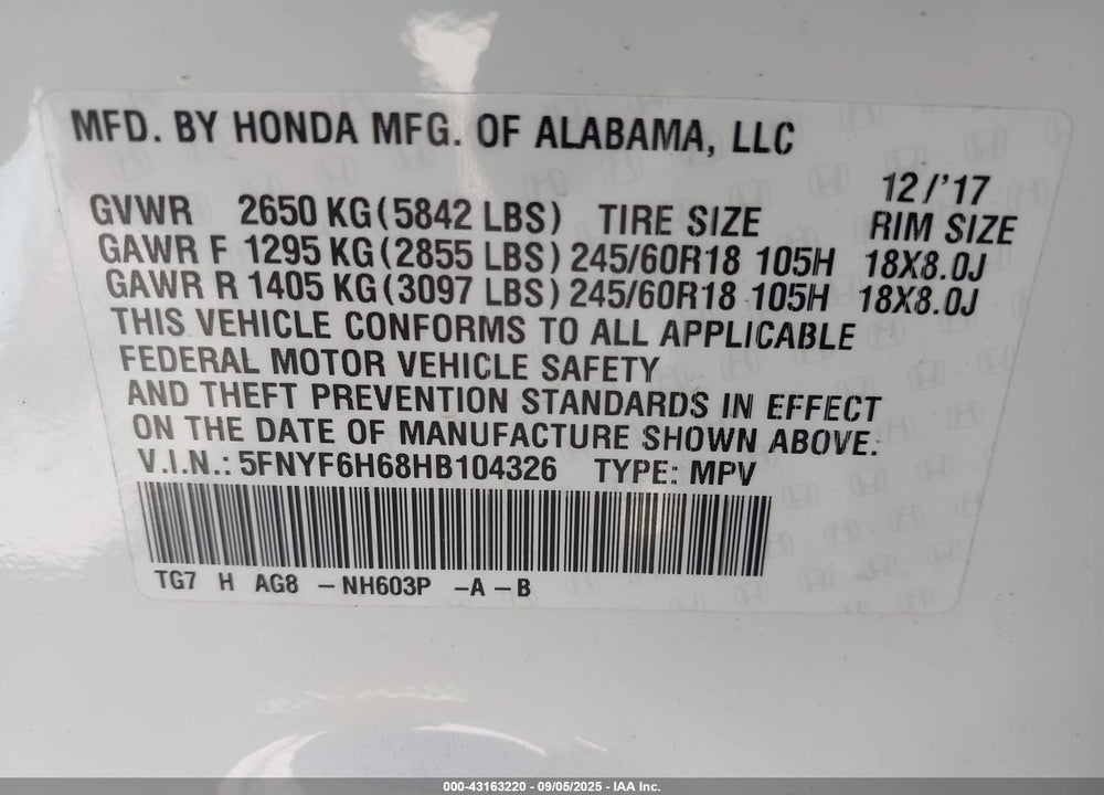 2017 HONDA PILOT VIN: 5FNYF6H68HB104326