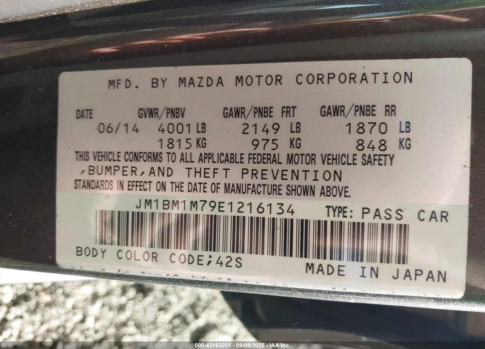 2014 MAZDA 3 VIN: JM1BM1M79E1216134