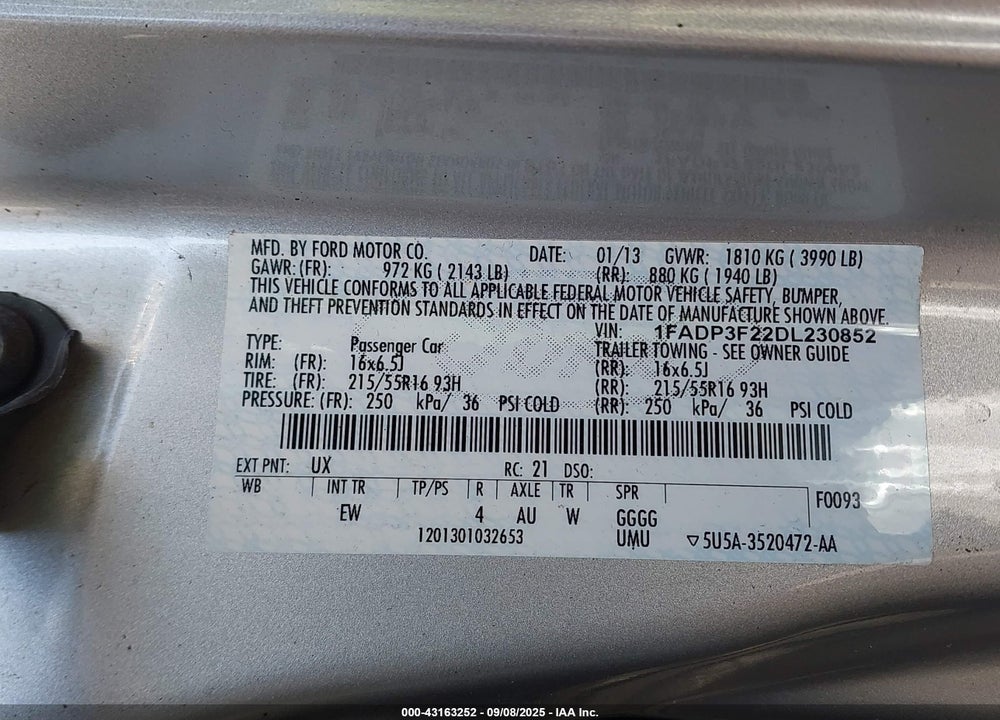 2013 FORD FOCUS SE VIN: 1FADP3F22DL230852