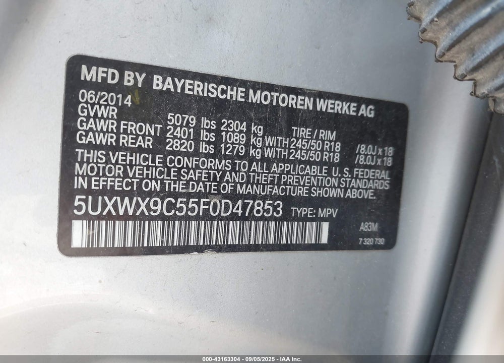 2015 BMW X3 VIN: 5UXWX9C55F0D47853