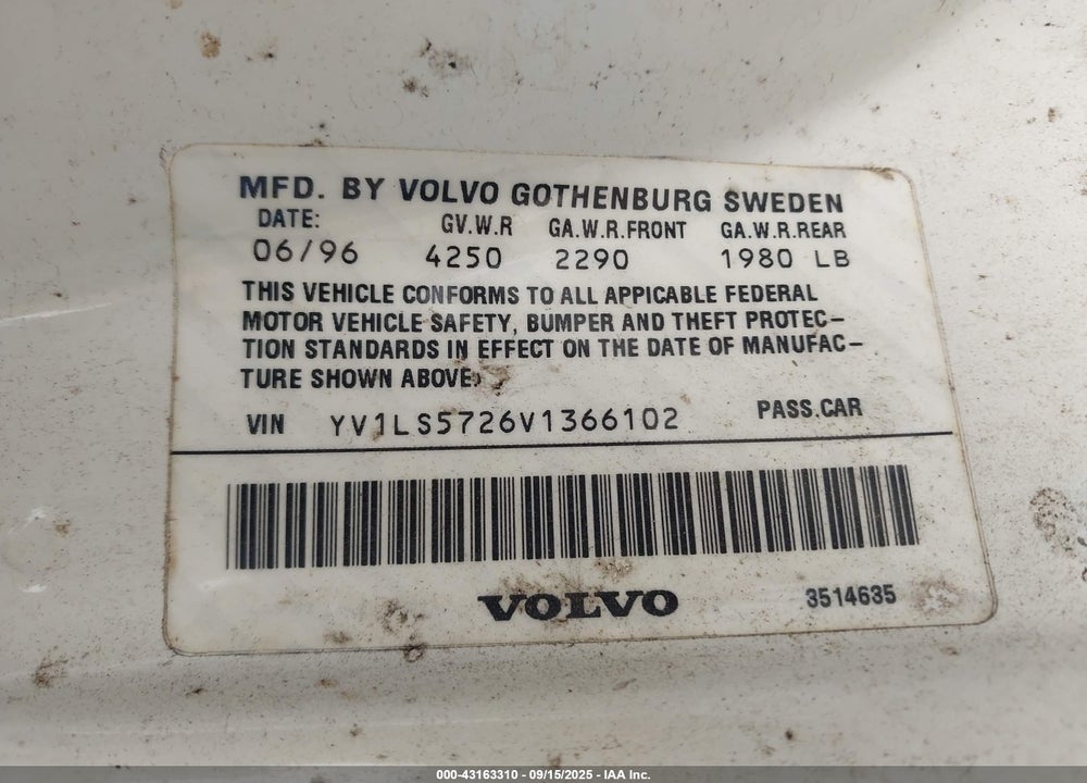 1997 VOLVO 850 T5 VIN: YV1LS5726V1366102