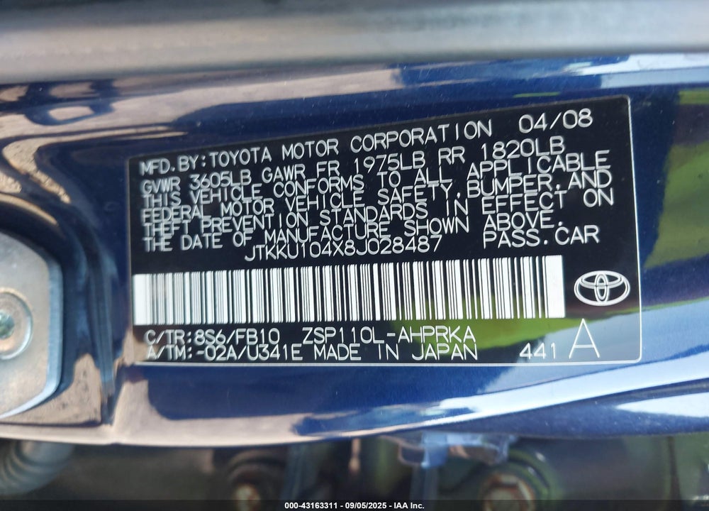 2008 SCION XD VIN: JTKKU104X8J028487