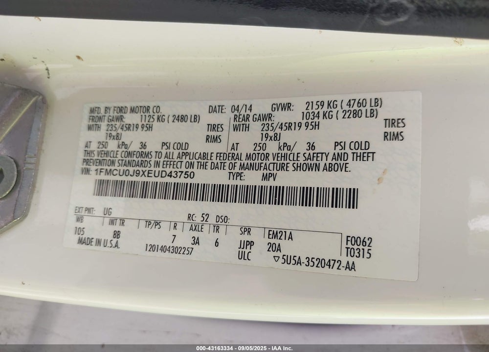 2014 FORD ESCAPE VIN: 1FMCU0J9XEUD43750