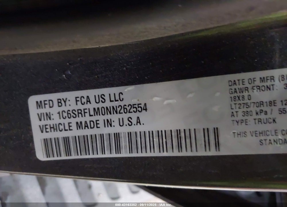 2022 RAM 1500 REBEL 4X4 5'7 BOX VIN: 1C6SRFLM0NN262554