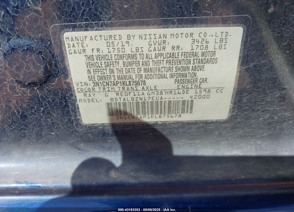 2019 NISSAN VERSA VIN: 3N1CN7AP1KL875678