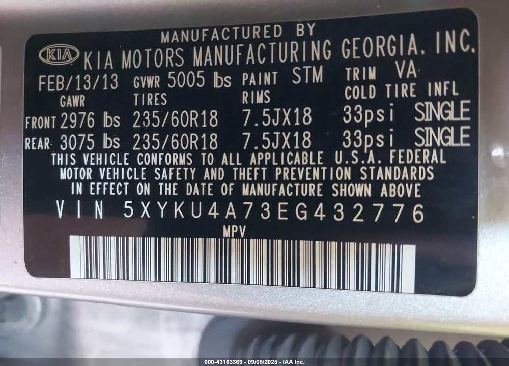 2014 KIA SORENTO VIN: 5XYKU4A73EG432776
