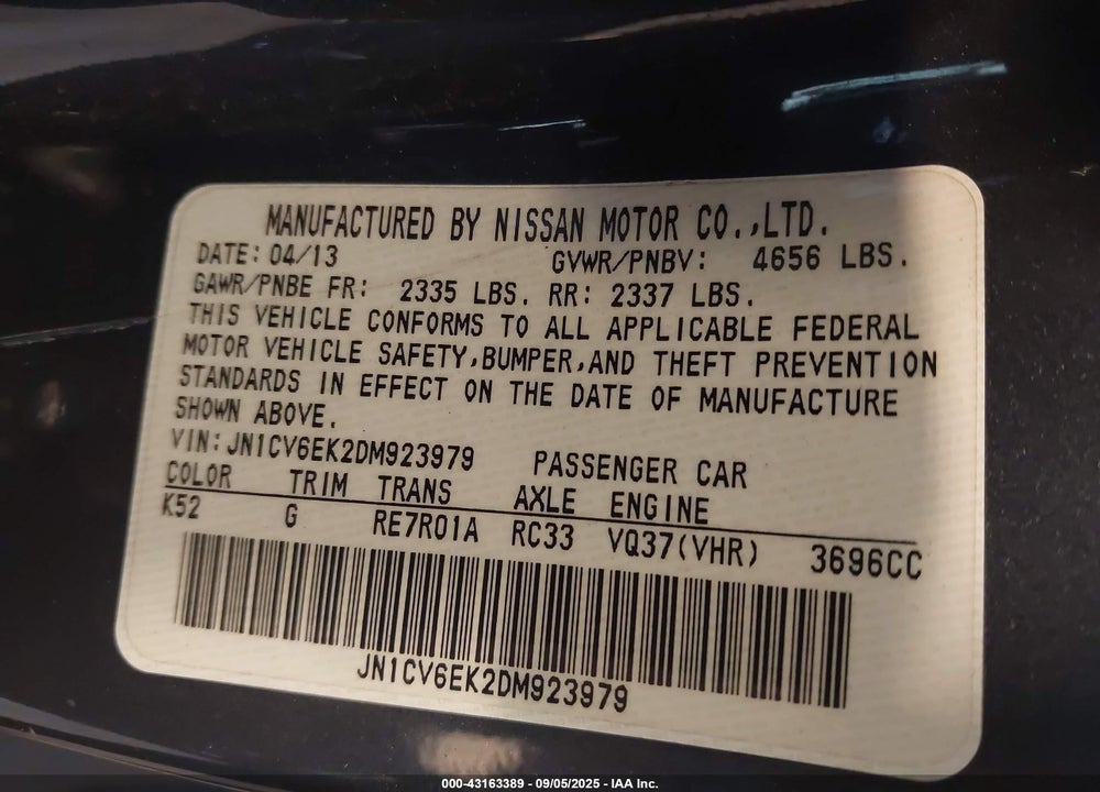 2013 INFINITI G37 VIN: JN1CV6EK2DM923979