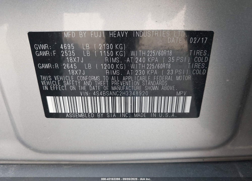 2017 SUBARU OUTBACK VIN: 4S4BSANC2H3348920