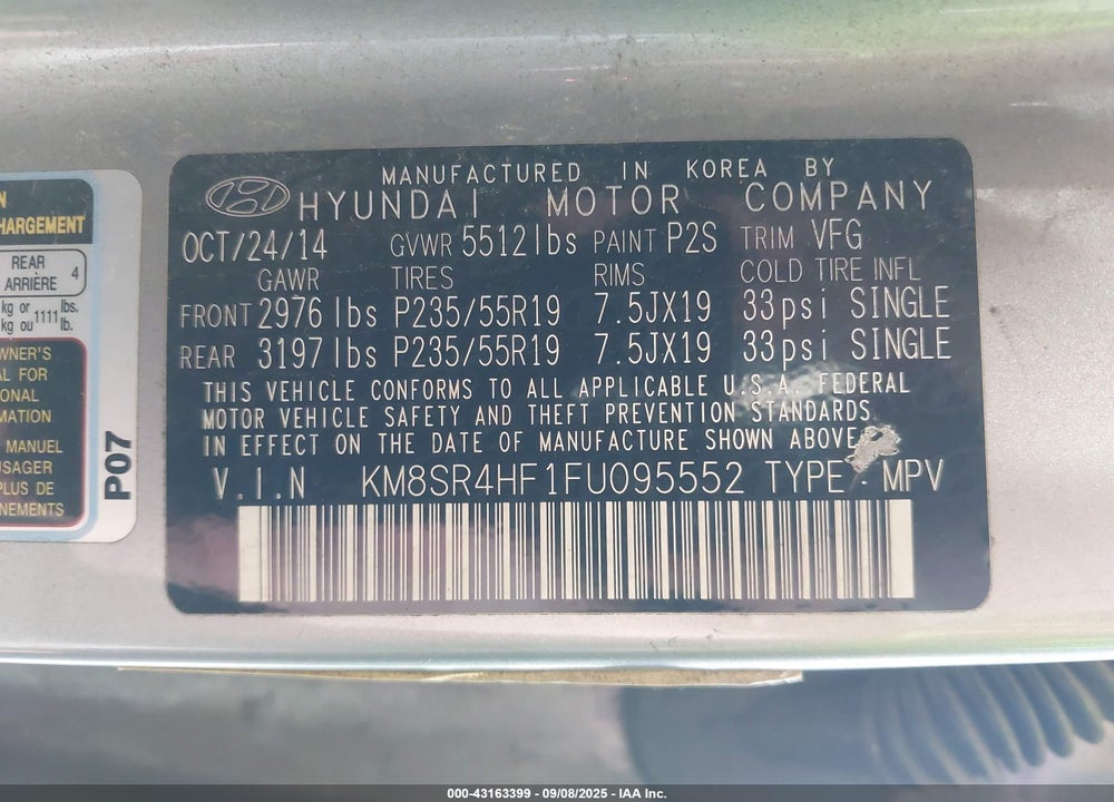 2015 HYUNDAI SANTA FE VIN: KM8SR4HF1FU095552
