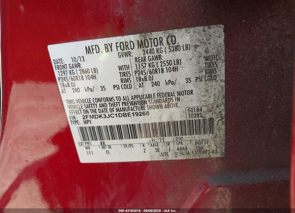2013 FORD EDGE VIN: 2FMDK3JC1DBE19268