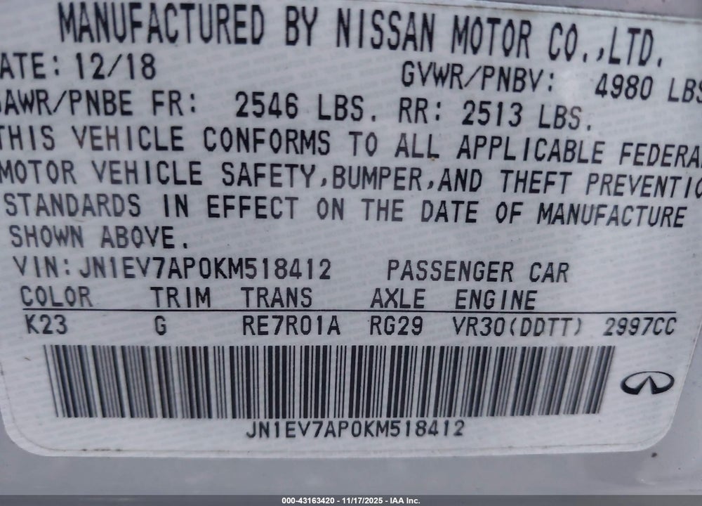 2019 INFINITI Q50 3.0T LUXE VIN: JN1EV7AP0KM518412