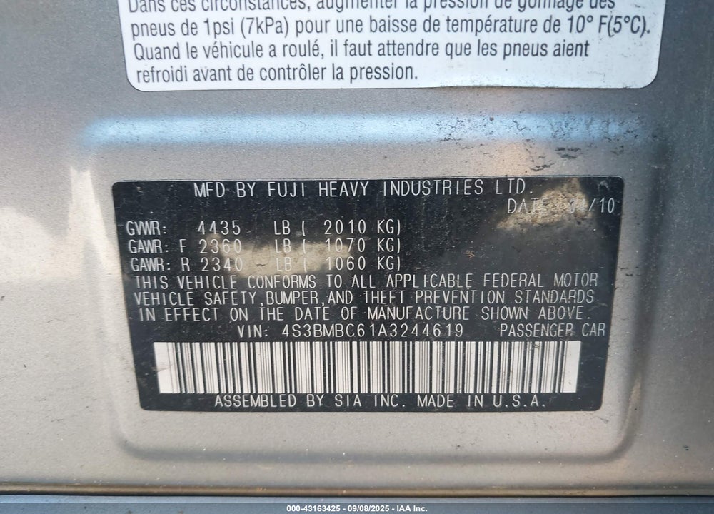 2010 SUBARU LEGACY VIN: 4S3BMBC61A3244619