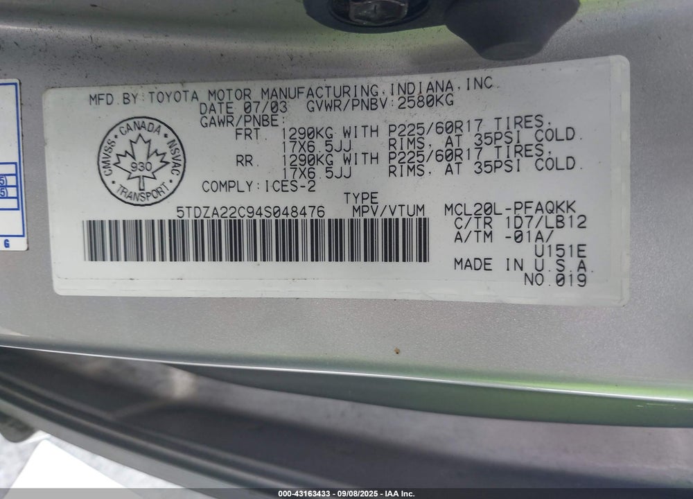 2004 TOYOTA SIENNA XLE/XLE LIMITED VIN: 5TDZA22C94S048476