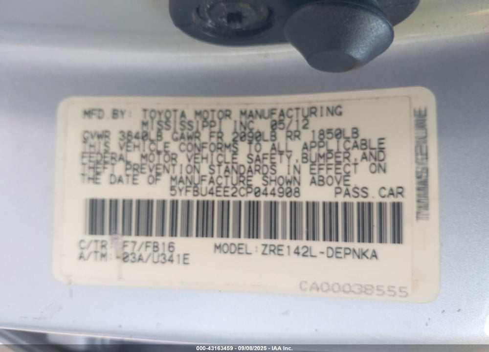 2012 TOYOTA COROLLA VIN: 5YFBU4EE2CP044908