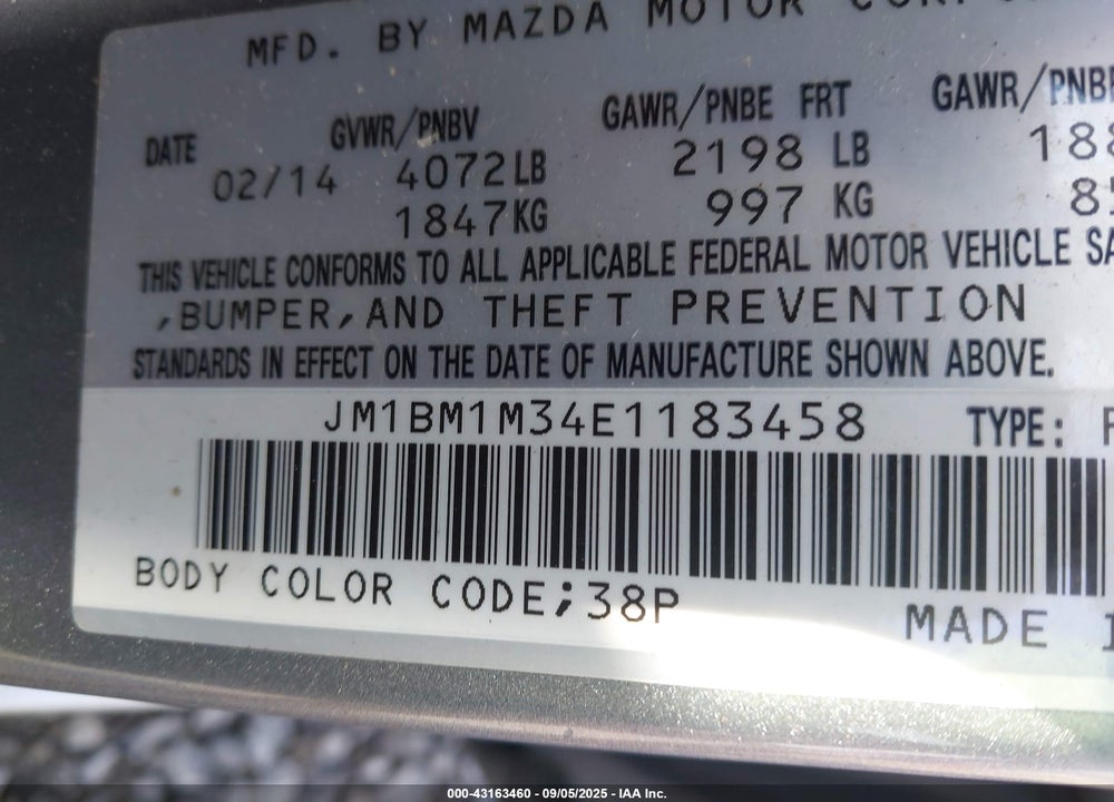 2014 MAZDA 3 VIN: JM1BM1M34E1183458
