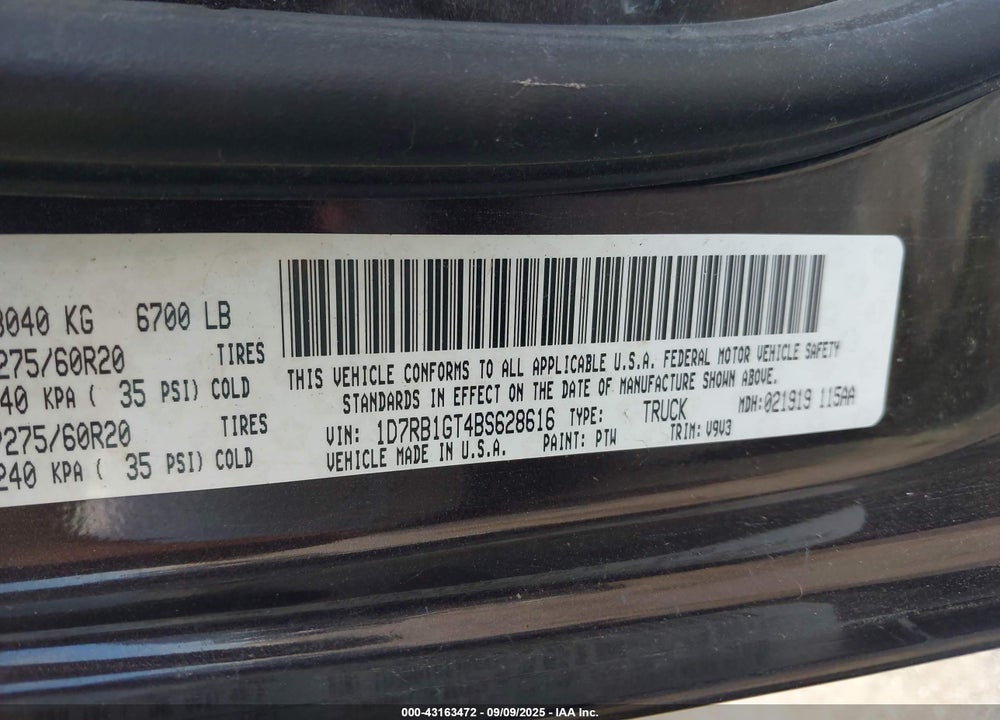 2011 RAM 1500 VIN: 1D7RB1GT4BS628616