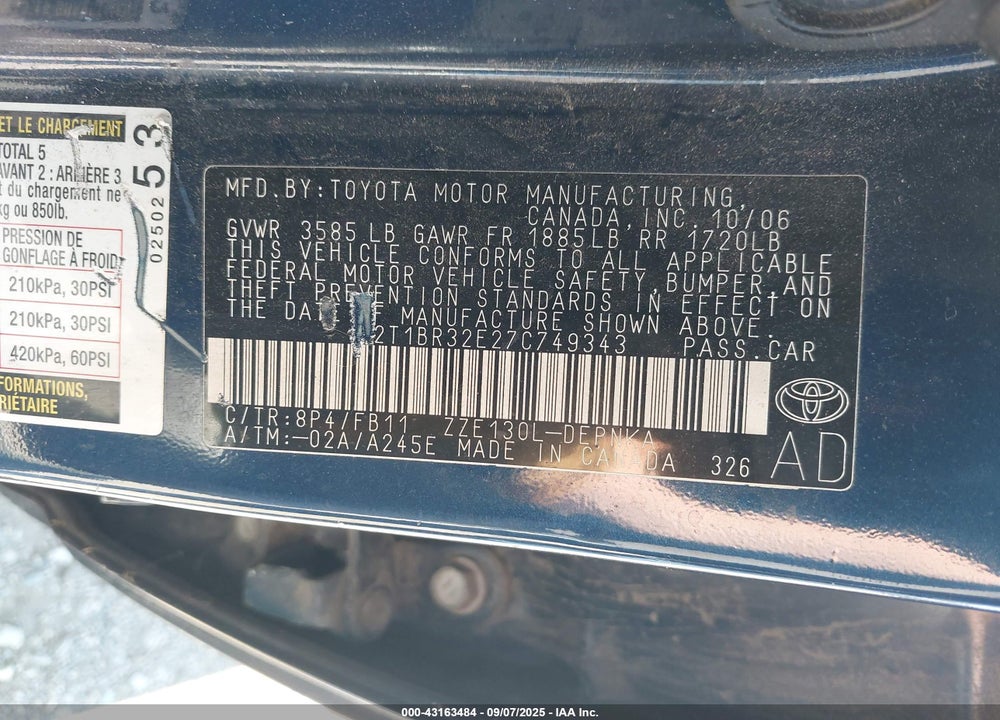 2007 TOYOTA COROLLA LE VIN: 2T1BR32E27C749343