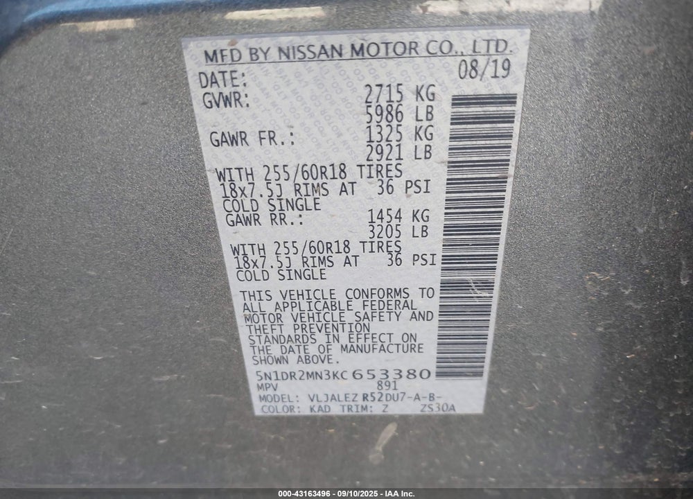 2019 NISSAN PATHFINDER VIN: 5N1DR2MN3KC653380