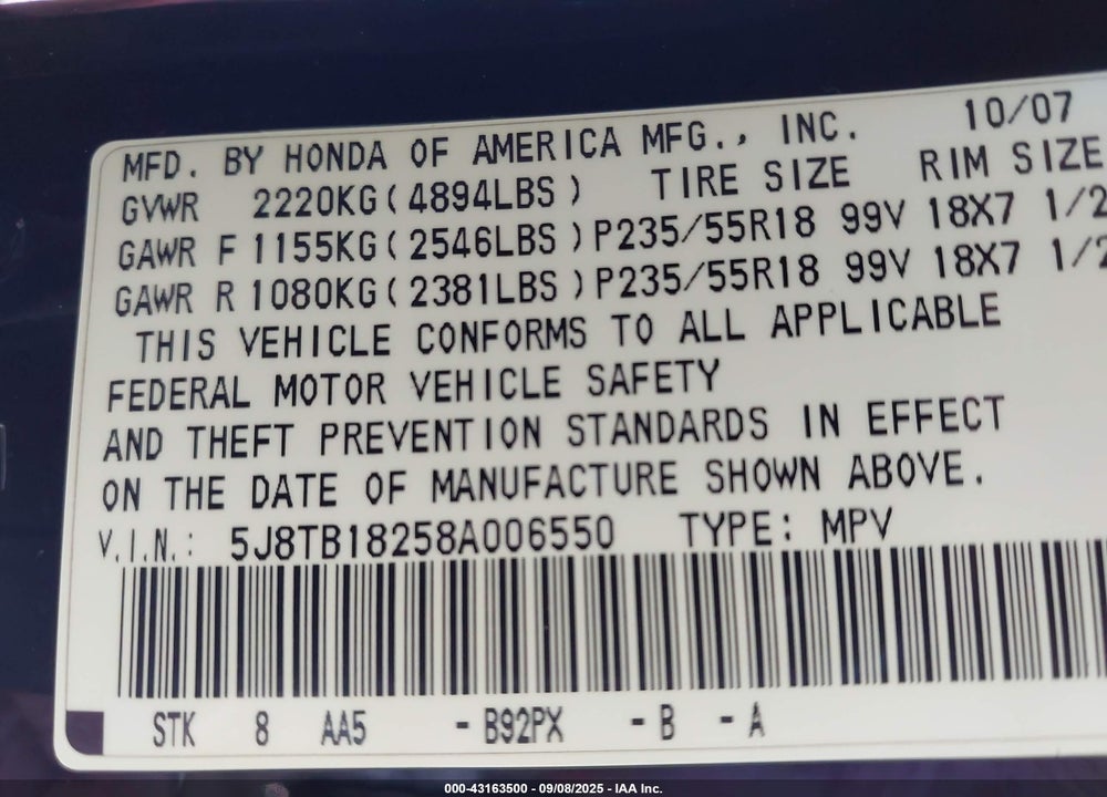 2008 ACURA RDX VIN: 5J8TB18258A006550