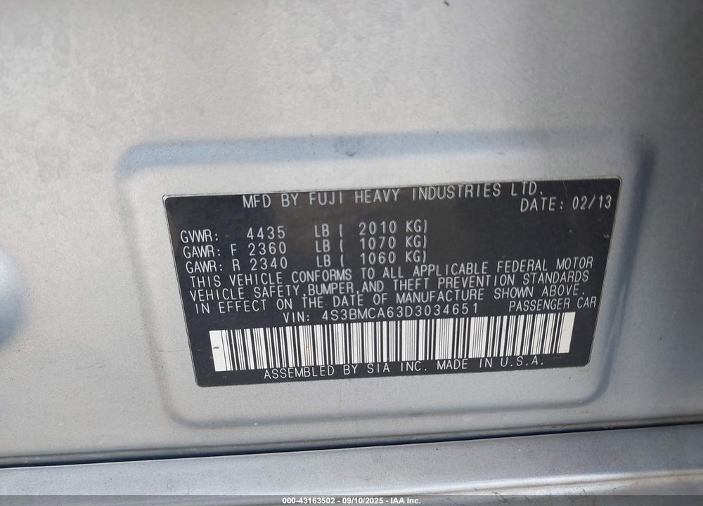 2013 SUBARU LEGACY VIN: 4S3BMCA63D3034651