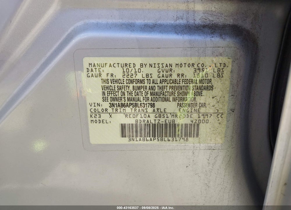 2011 NISSAN SENTRA VIN: 3N1AB6AP5BL631798