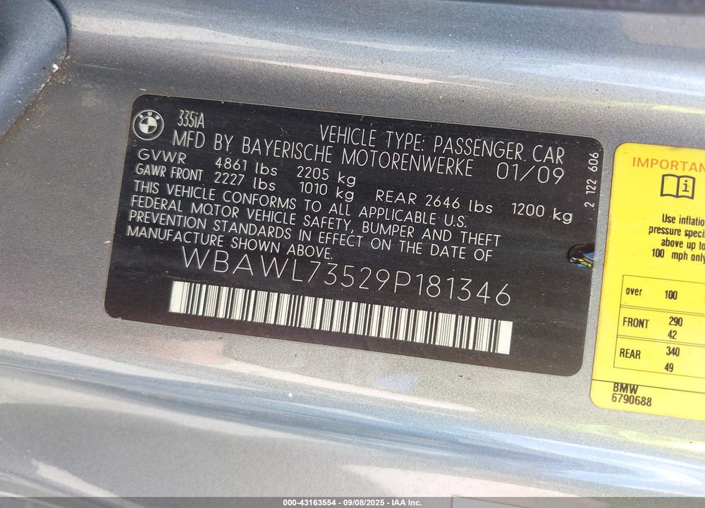 2009 BMW 3 SERIES VIN: WBAWL73529P181346