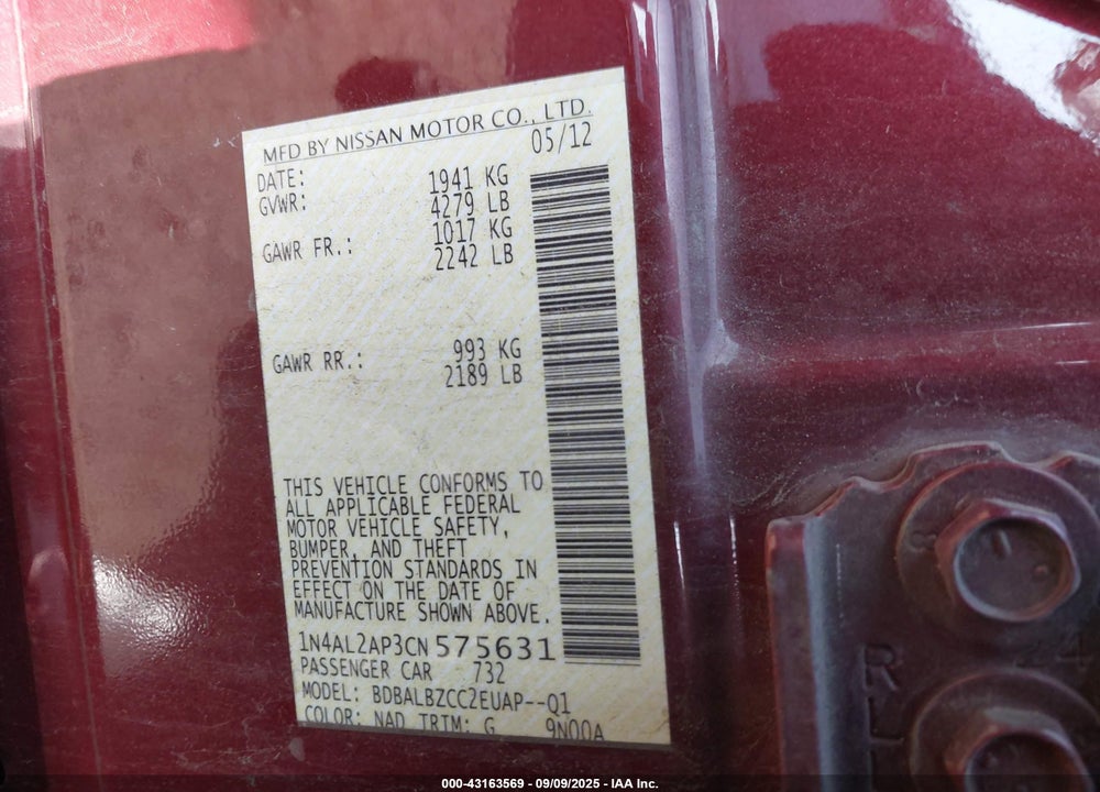 2012 NISSAN ALTIMA VIN: 1N4AL2AP3CN575631
