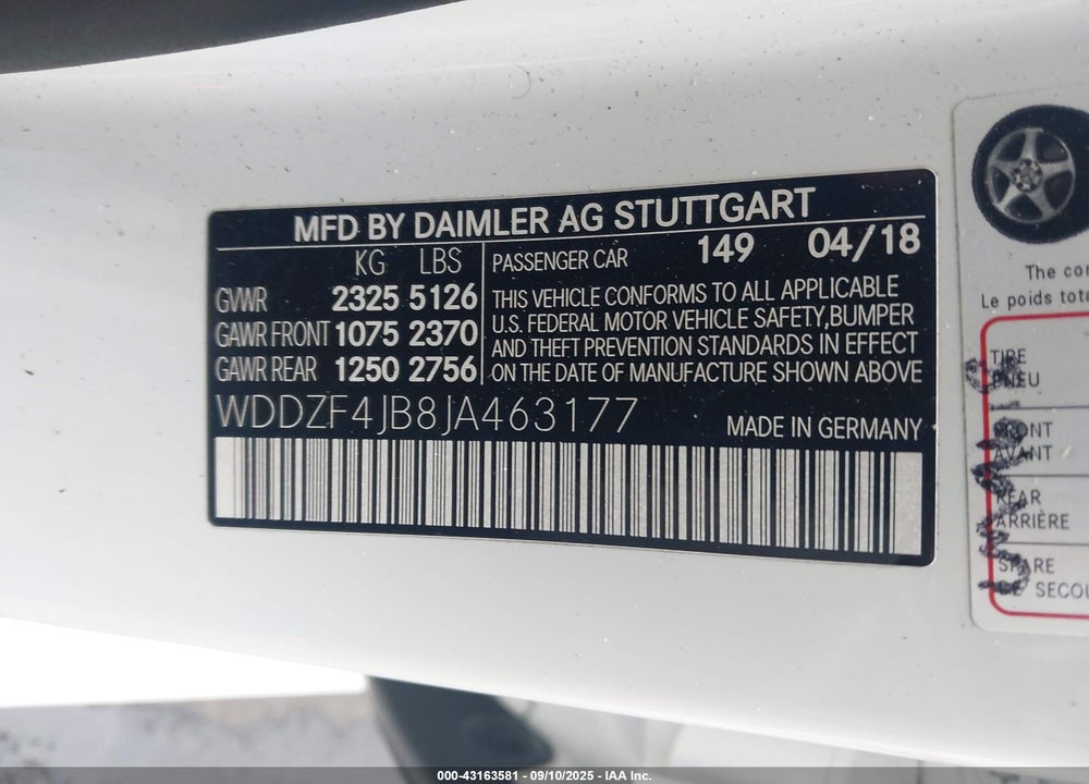 2018 MERCEDES-BENZ E-CLASS VIN: WDDZF4JB8JA463177
