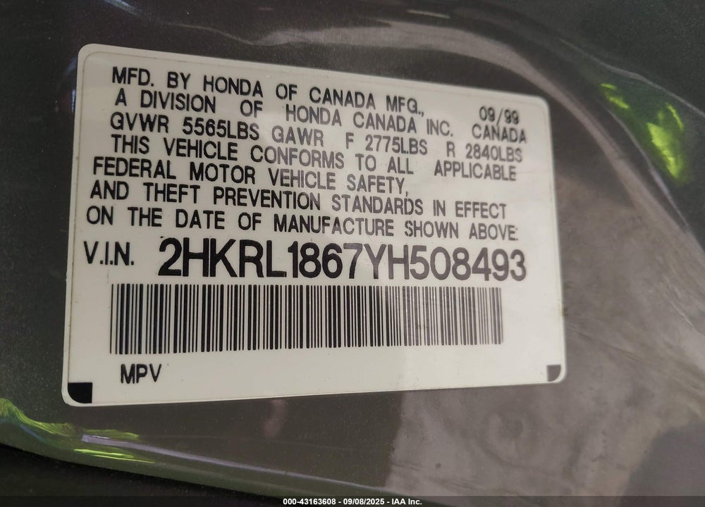 2000 HONDA ODYSSEY EX VIN: 2HKRL1867YH508493