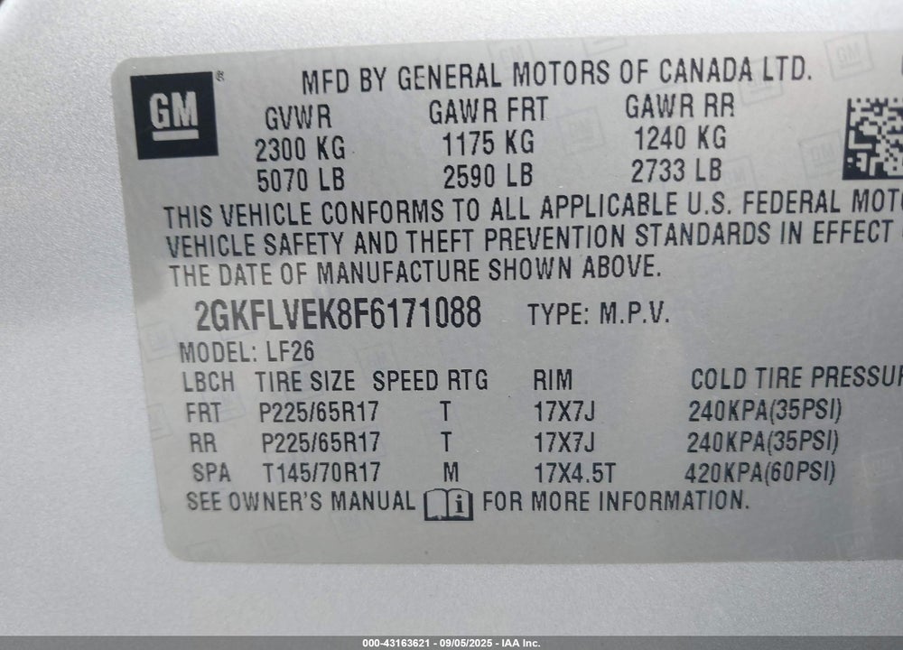 2015 GMC TERRAIN VIN: 2GKFLVEK8F6171088