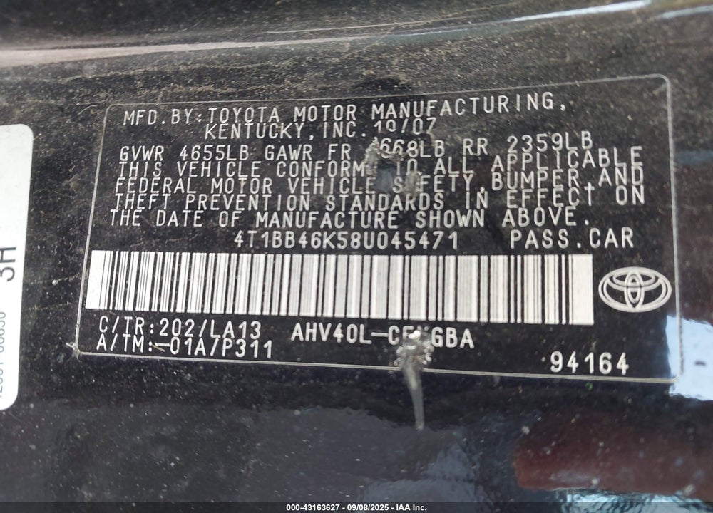 2008 TOYOTA CAMRY HYBRID VIN: 4T1BB46K58U045471