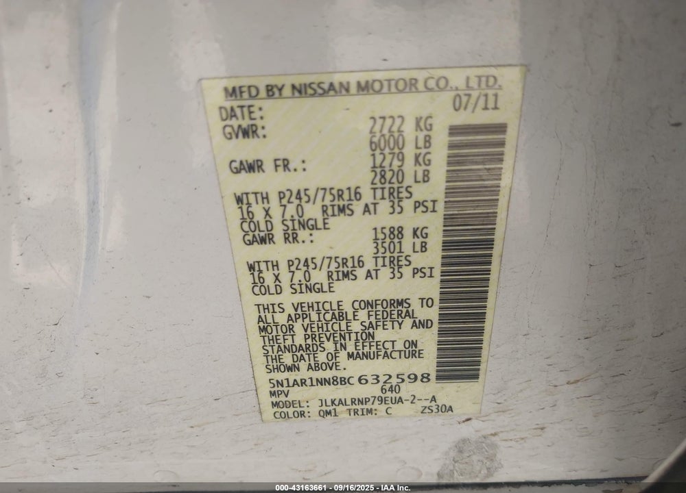 2011 NISSAN PATHFINDER VIN: 5N1AR1NN8BC632598