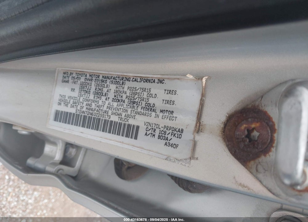 2003 TOYOTA TACOMA BASE V6 VIN: 5TEHN72N63Z259179