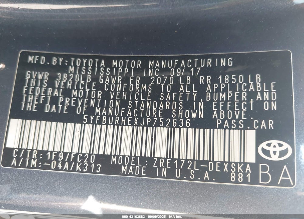 2018 TOYOTA COROLLA VIN: 5YFBURHEXJP752636