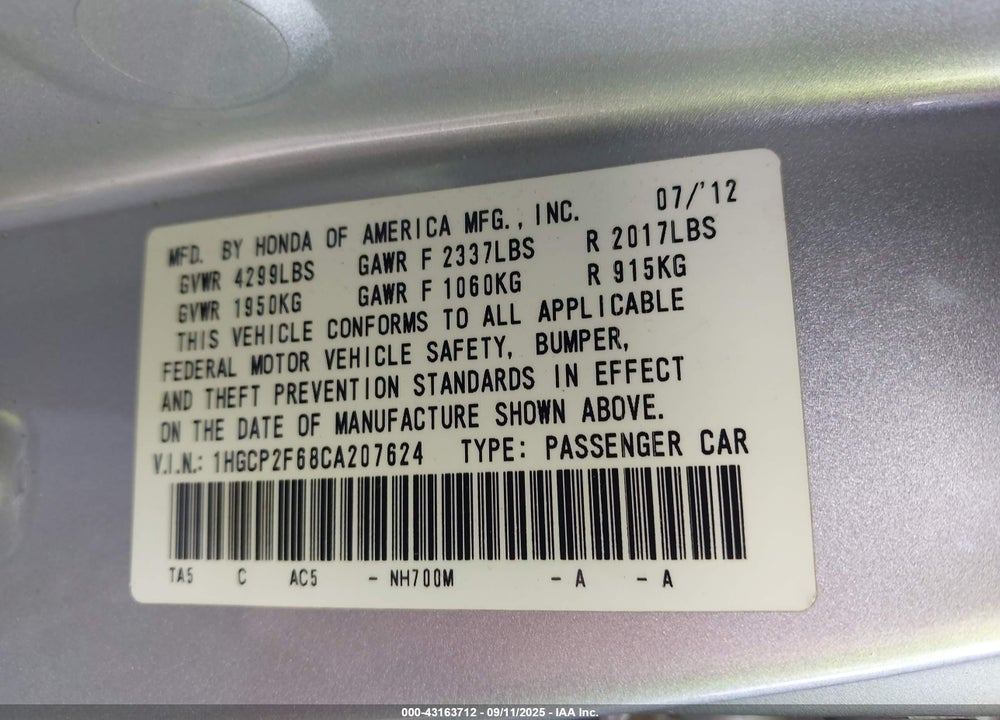 2012 HONDA ACCORD VIN: 1HGCP2F68CA207624