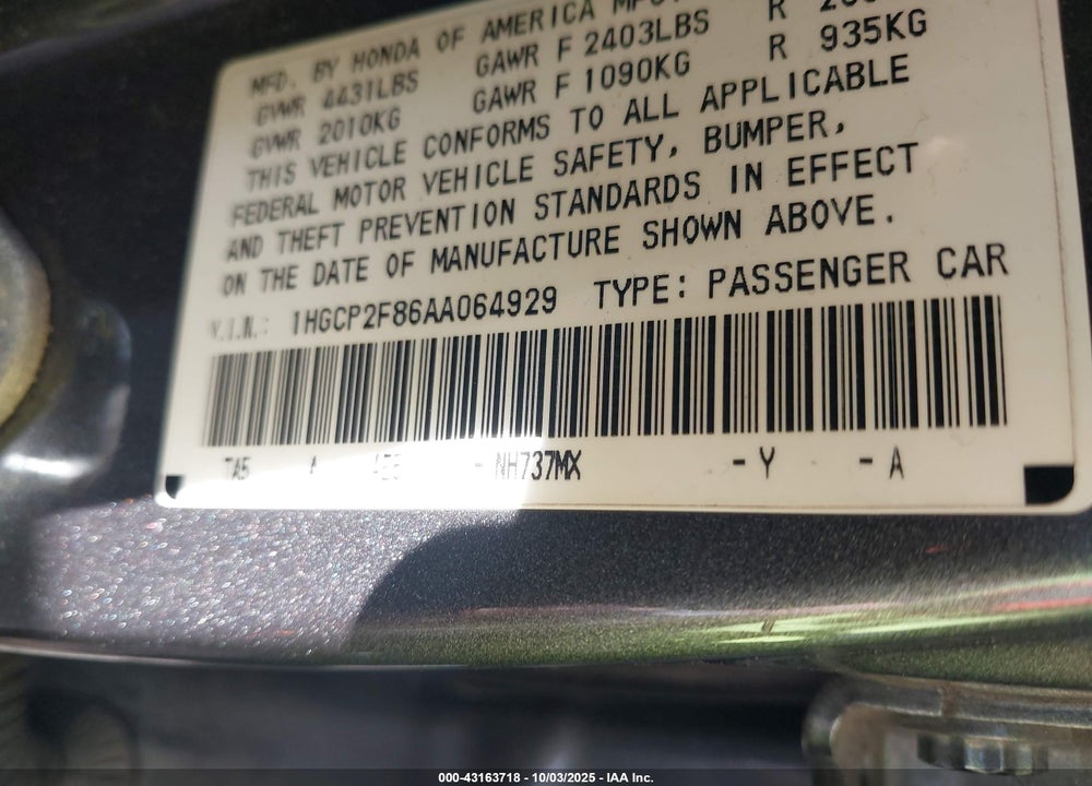 2010 HONDA ACCORD VIN: 1HGCP2F86AA064929