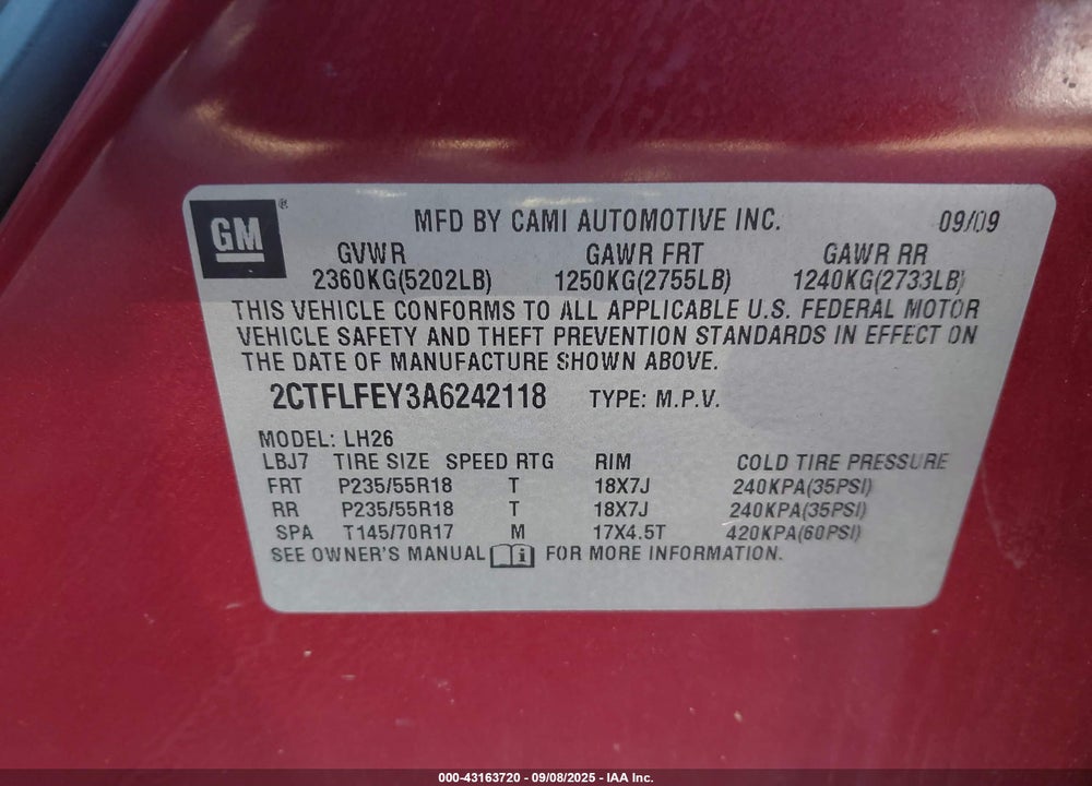2010 GMC TERRAIN VIN: 2CTFLFEY3A6242118