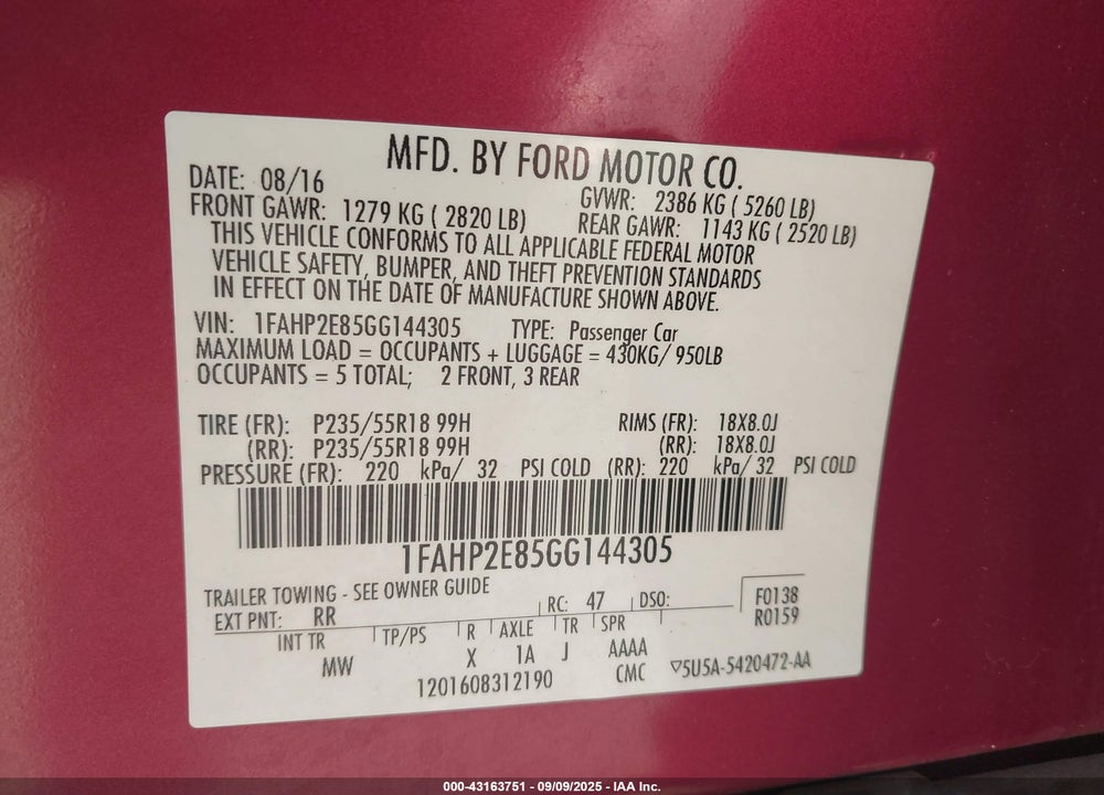 2016 FORD TAURUS VIN: 1FAHP2E85GG144305
