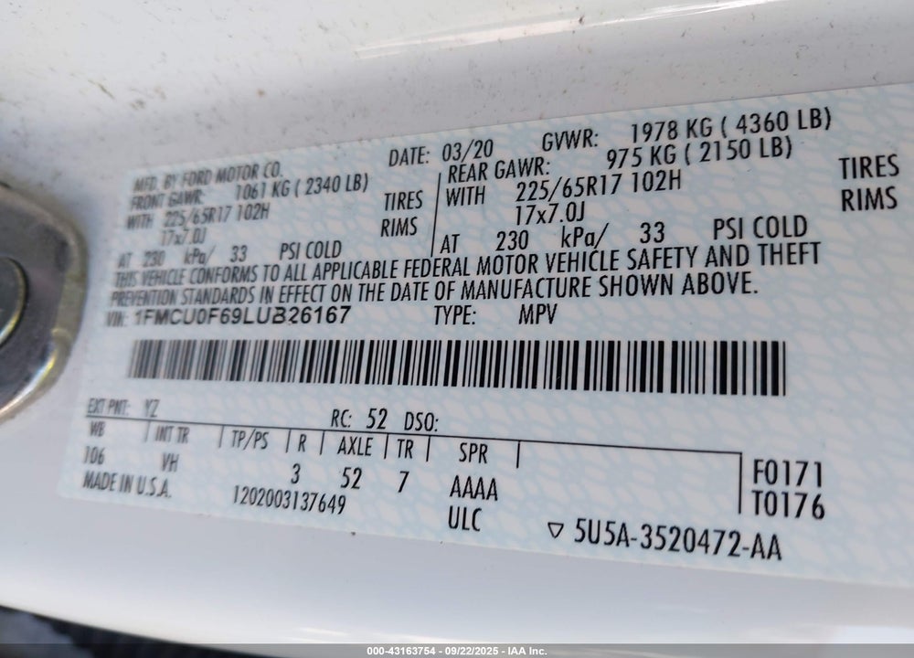2020 FORD ESCAPE VIN: 1FMCU0F69LUB26167