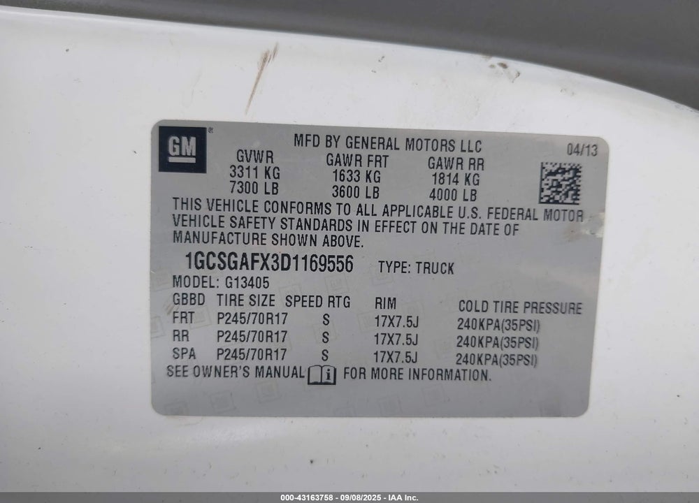 2013 CHEVROLET EXPRESS 1500 WORK VAN VIN: 1GCSGAFX3D1169556