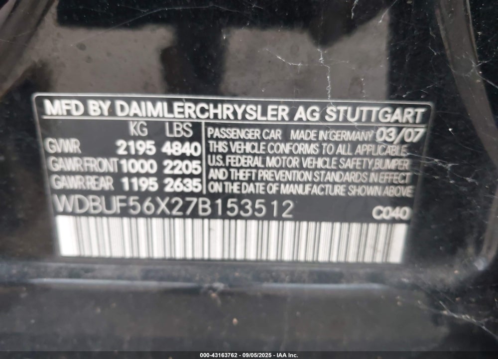 2007 MERCEDES-BENZ E 350 VIN: WDBUF56X27B153512