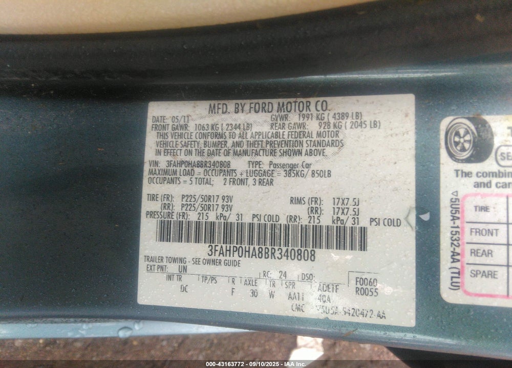 2011 FORD FUSION SE VIN: 3FAHP0HA8BR340808