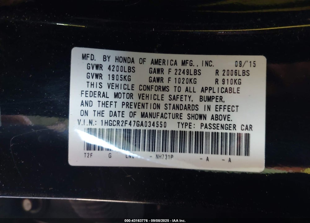 2016 HONDA ACCORD LX VIN: 1HGCR2F47GA034550