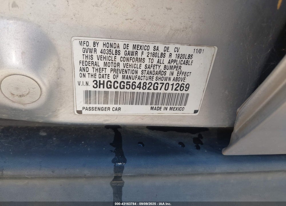 2002 HONDA ACCORD 2.3 LX VIN: 3HGCG56482G701269