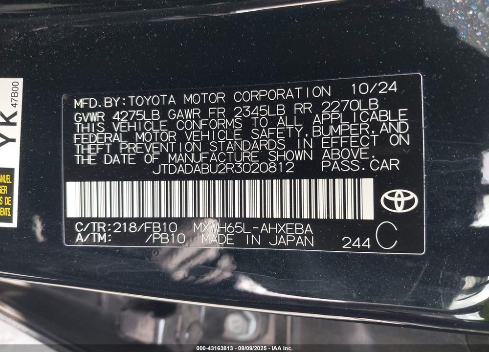 2024 TOYOTA PRIUS VIN: JTDADABU2R3020812