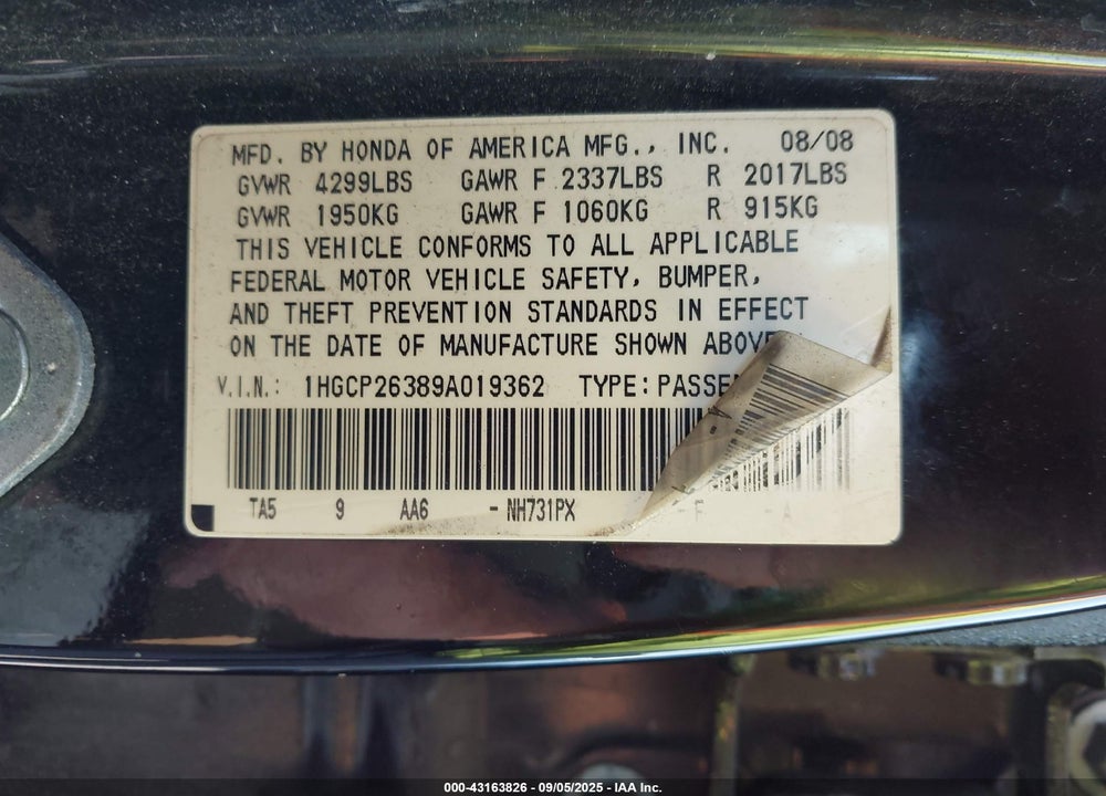 2009 HONDA ACCORD VIN: 1HGCP26389A019362