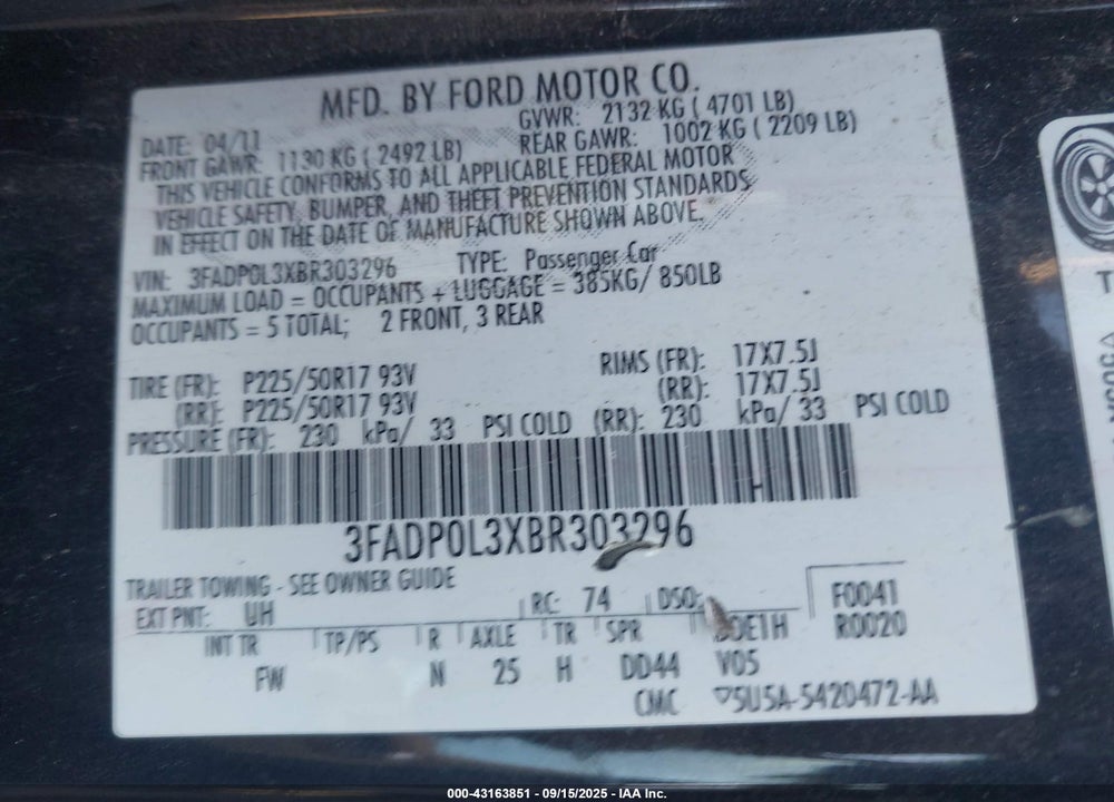 2011 FORD FUSION HYBRID VIN: 3FADP0L3XBR303296