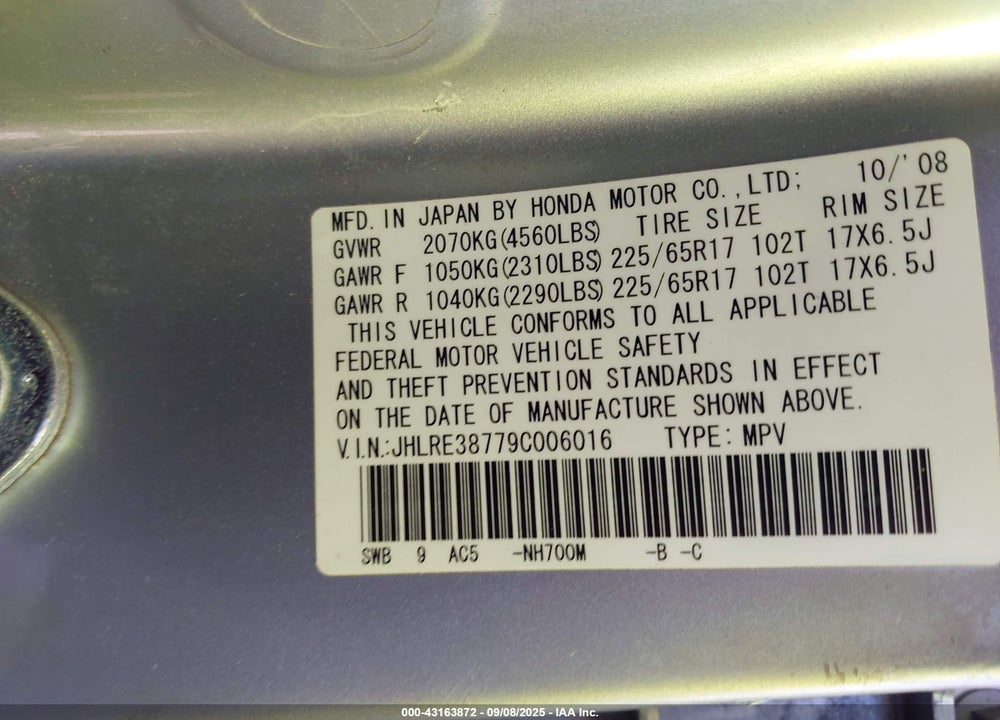 2009 HONDA CR-V EX-L VIN: JHLRE38779C006016