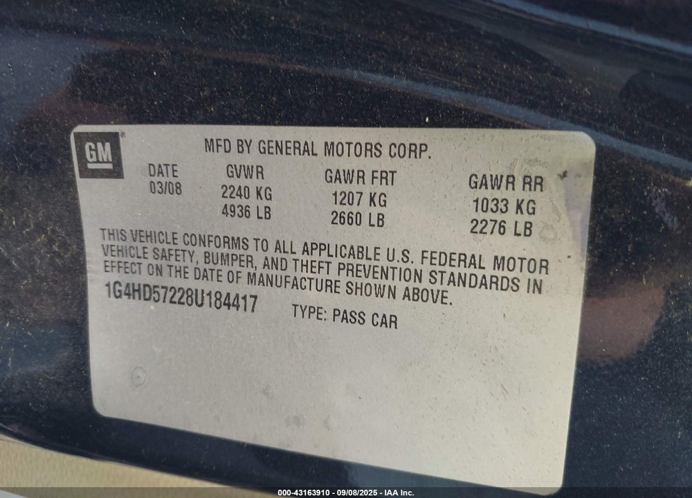 2008 BUICK LUCERNE CXL VIN: 1G4HD57228U184417