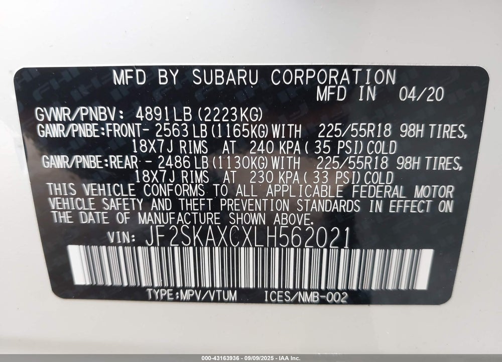 2020 SUBARU FORESTER VIN: JF2SKAXCXLH562021